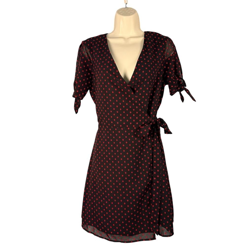 BCBGeneration Dress Small Black Red Swiss Dot Wrap Chiffon Split Sleeve Mod Work